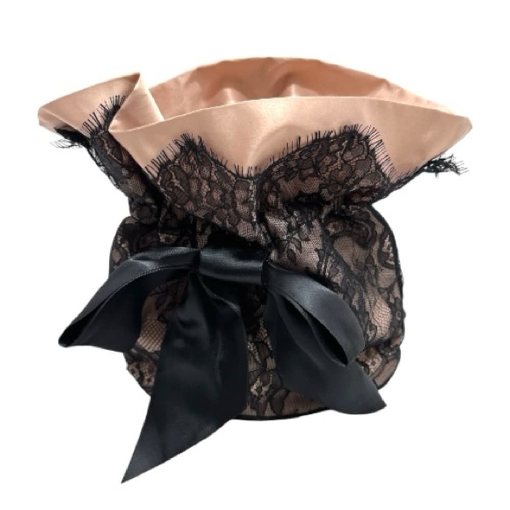 Marchesa x Beauty.com Blush Nude Satin & Black Lace Cosmetics Pouch Bag w Bow - Thumbnail 7
