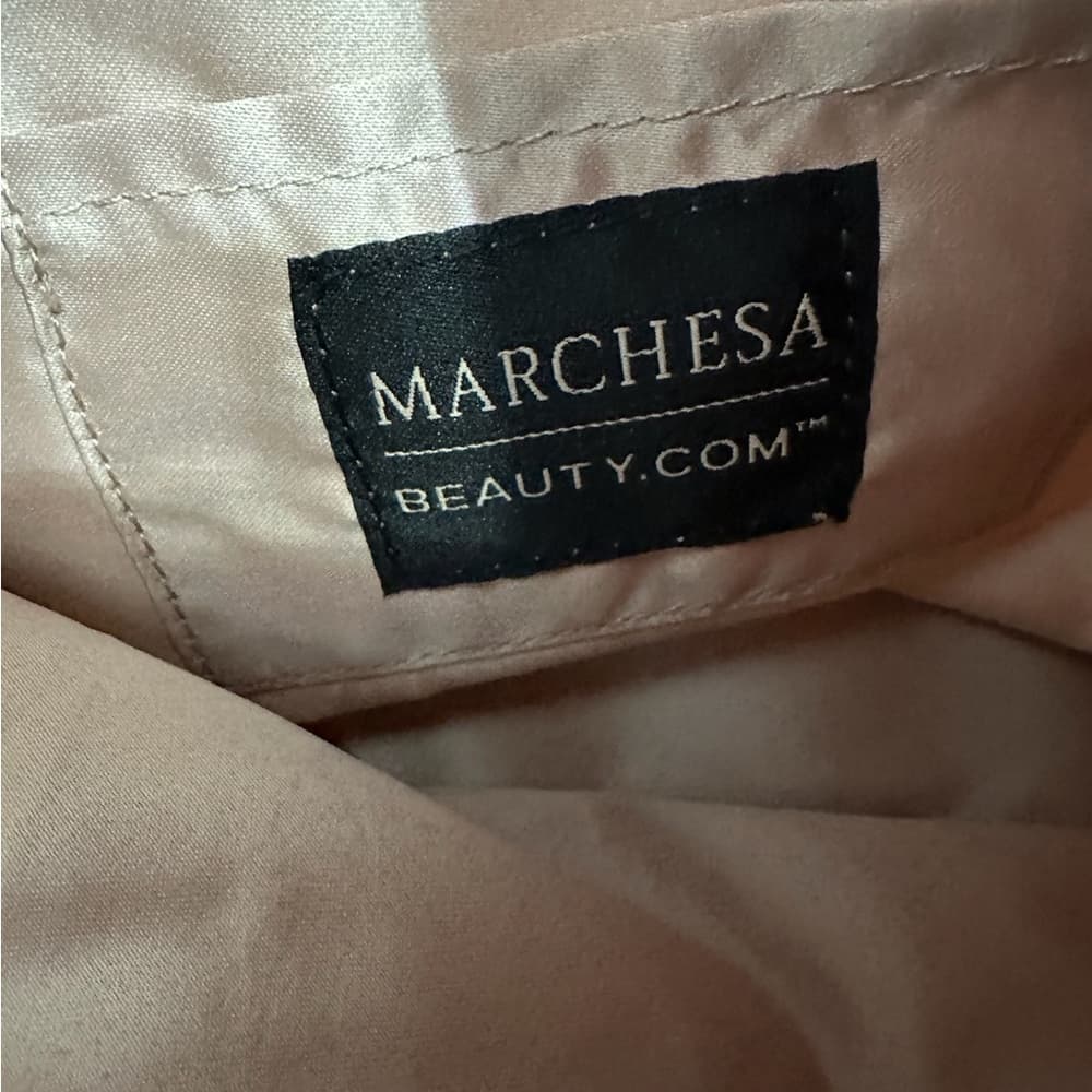 Marchesa x Beauty.com Blush Nude Satin & Black Lace Cosmetics Pouch Bag w Bow - Thumbnail 2