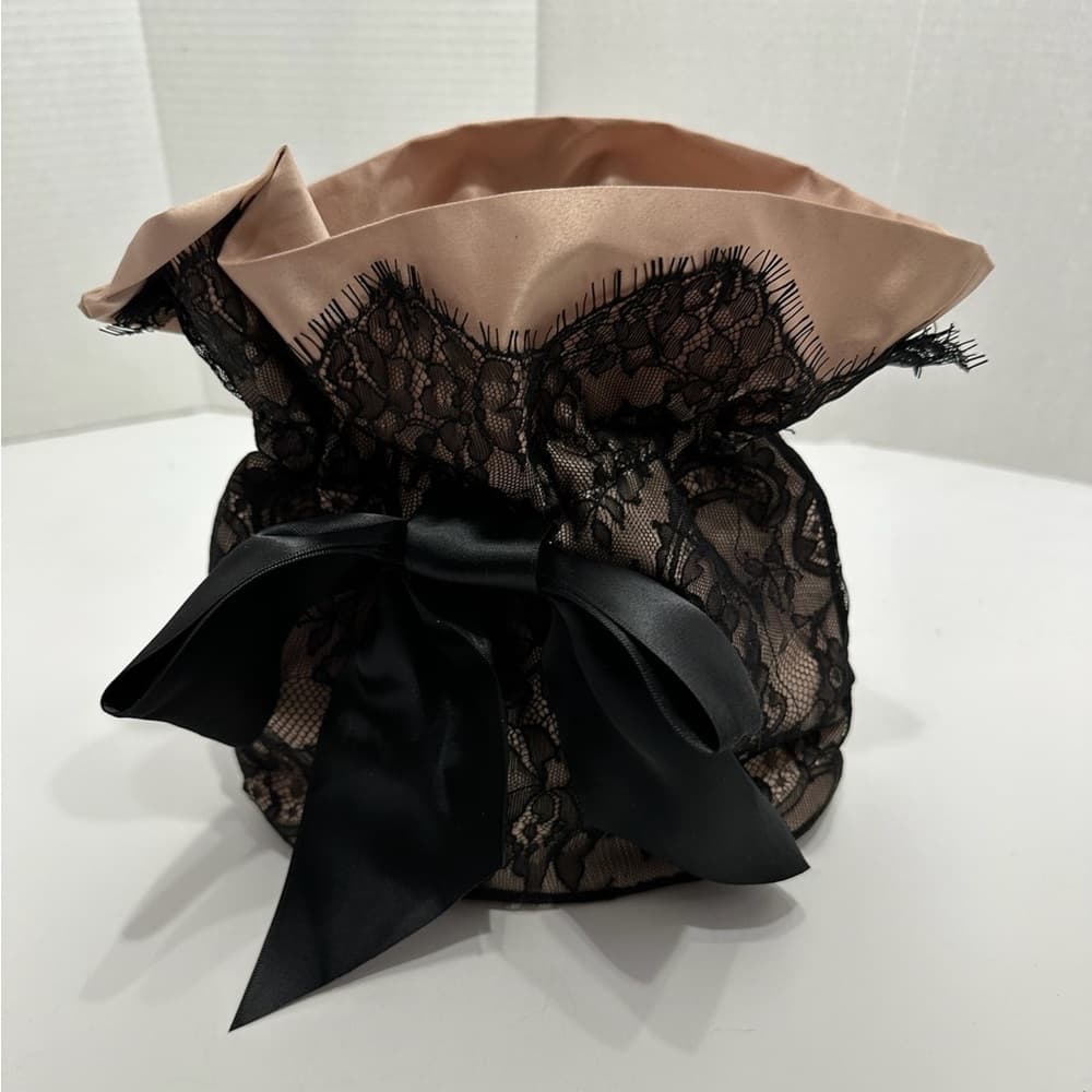 Marchesa x Beauty.com Blush Nude Satin & Black Lace Cosmetics Pouch Bag w Bow - Thumbnail 3