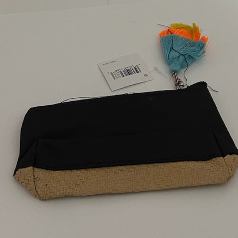 Woven Faux Straw & Black Fabric Cosmetic Case Pouch with Neon Tassel Accent NWT - Thumbnail 3