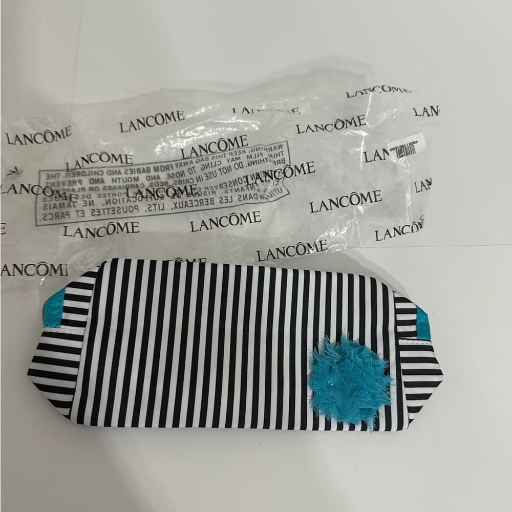 NWT Lancôme Black & White Stripe Cosmetic Bag with Teal Accents | Travel Gift