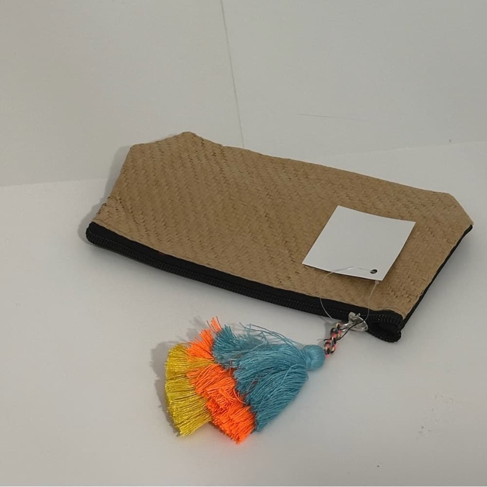 Woven Faux Straw & Black Fabric Cosmetic Case Pouch with Neon Tassel Accent NWT - Thumbnail 4