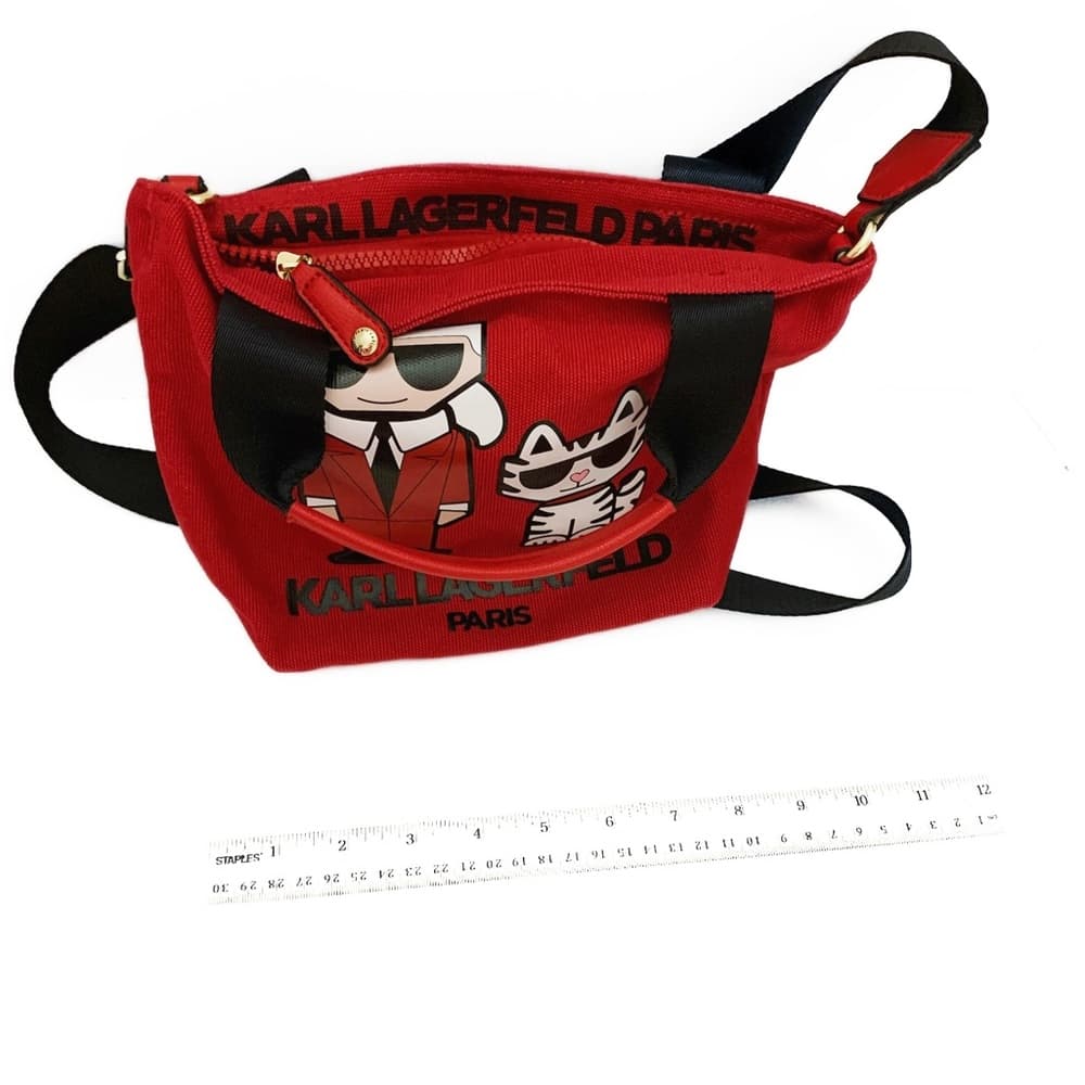 KARL LAGERFELD Red Canvas Crossbody Bag w Cartoon Karl & Choupette Cat Graphic - Thumbnail 8