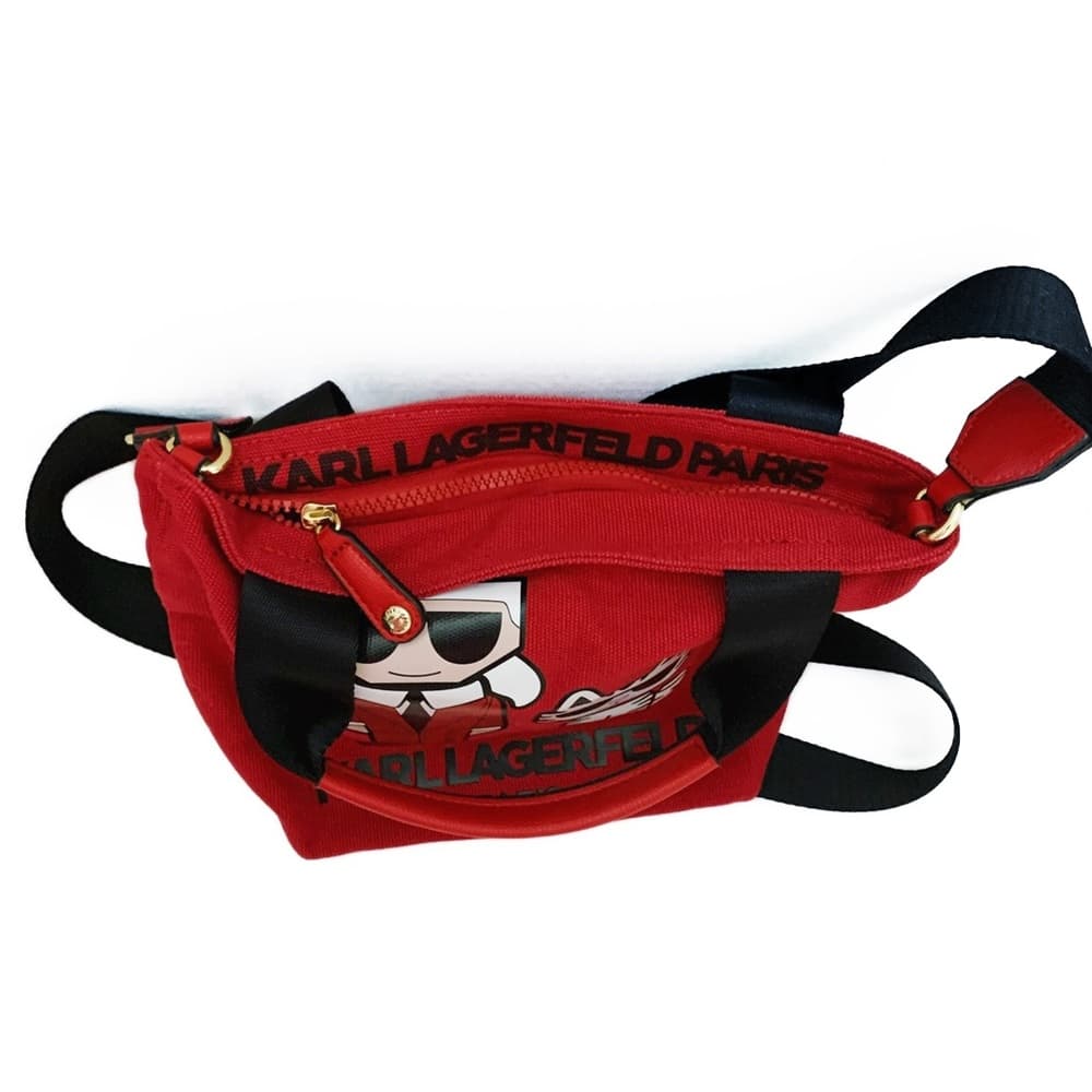 KARL LAGERFELD Red Canvas Crossbody Bag w Cartoon Karl & Choupette Cat Graphic - Thumbnail 3