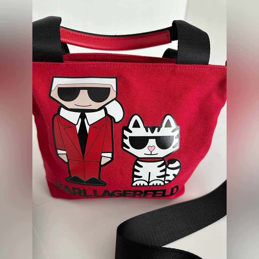 KARL LAGERFELD Red Canvas Crossbody Bag w Cartoon Karl & Choupette Cat Graphic - Thumbnail 14