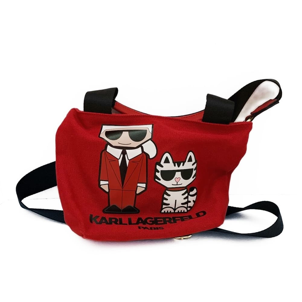 KARL LAGERFELD Red Canvas Crossbody Bag w Cartoon Karl & Choupette Cat Graphic - Thumbnail 7