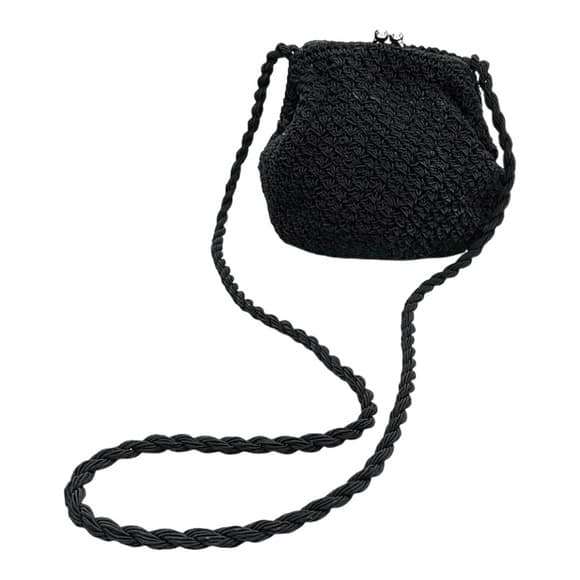 Vintage Crochet Snap Closure Purse Black with Crossbody Strap - Thumbnail 12