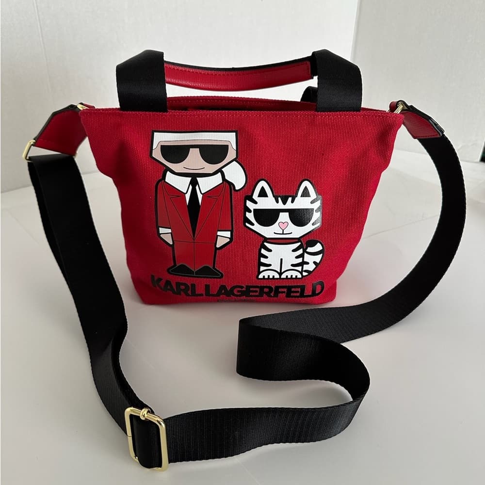 KARL LAGERFELD Red Canvas Crossbody Bag w Cartoon Karl & Choupette Cat Graphic - Thumbnail 10