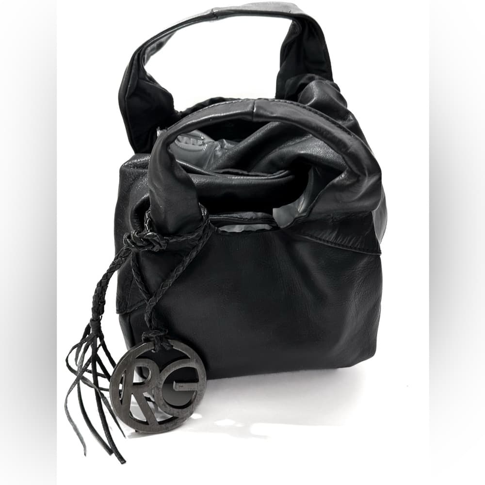 Romeo Gigli Black Leather Mini Bag with RG Logo Charm | Rare from Italy Vintage