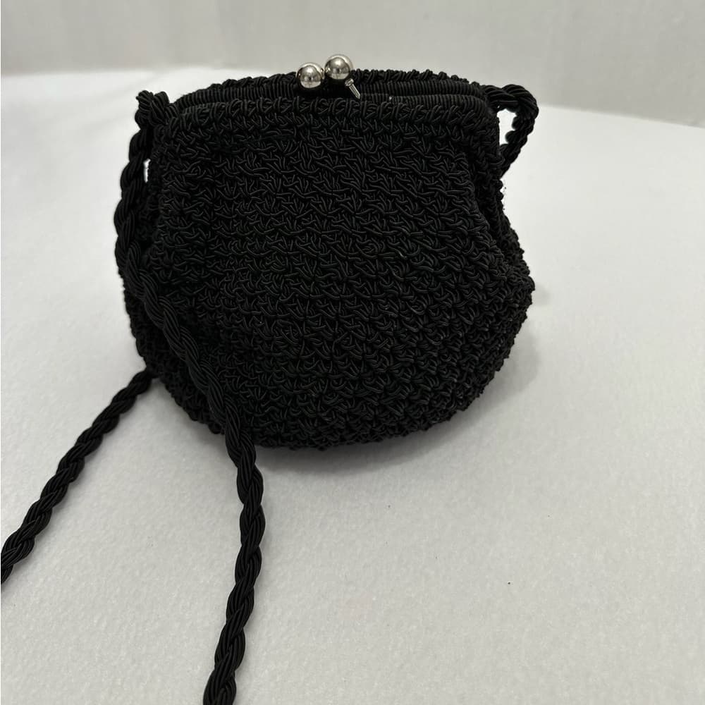 Vintage Crochet Snap Closure Purse Black with Crossbody Strap - Thumbnail 6