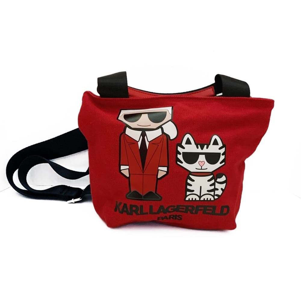 KARL LAGERFELD Red Canvas Crossbody Bag w Cartoon Karl & Choupette Cat Graphic