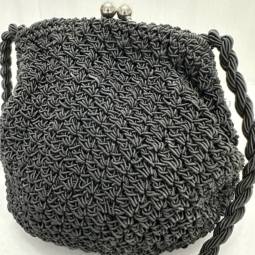 Vintage Crochet Snap Closure Purse Black with Crossbody Strap - Thumbnail 2