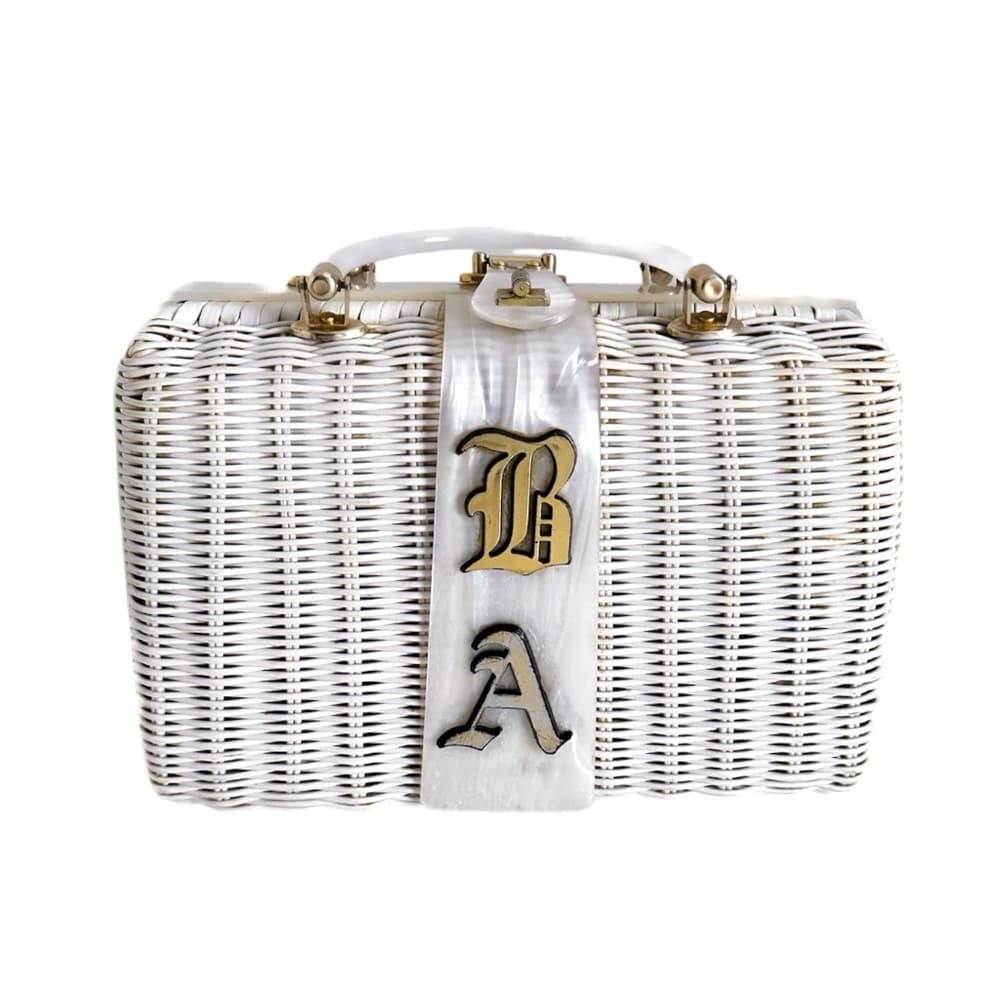 Charming by Atlas Hollywood White Wicker Box Purse Vintage Pearlized Monogram - Thumbnail 16