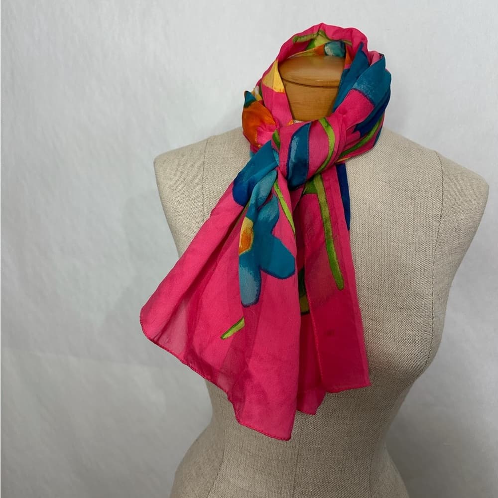 Vintage Pink Blue Floral Sheer Lightweight Scarf Wrap Dopamine Whimsical - Thumbnail 2