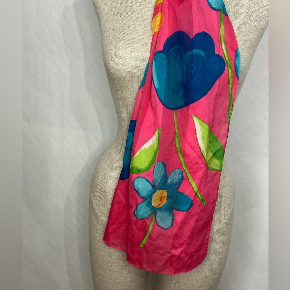 Vintage Pink Blue Floral Sheer Lightweight Scarf Wrap Dopamine Whimsical - Thumbnail 4