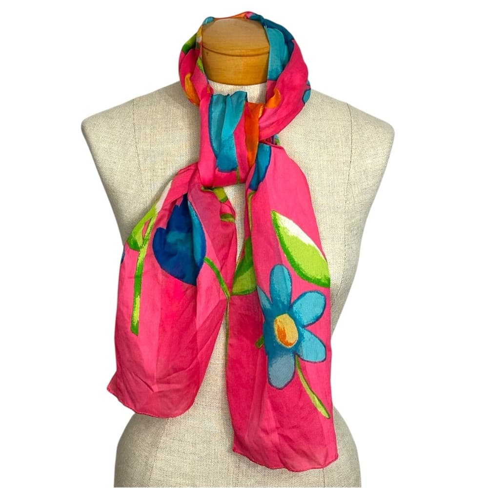 Vintage Pink Blue Floral Sheer Lightweight Scarf Wrap Dopamine Whimsical - Thumbnail 9