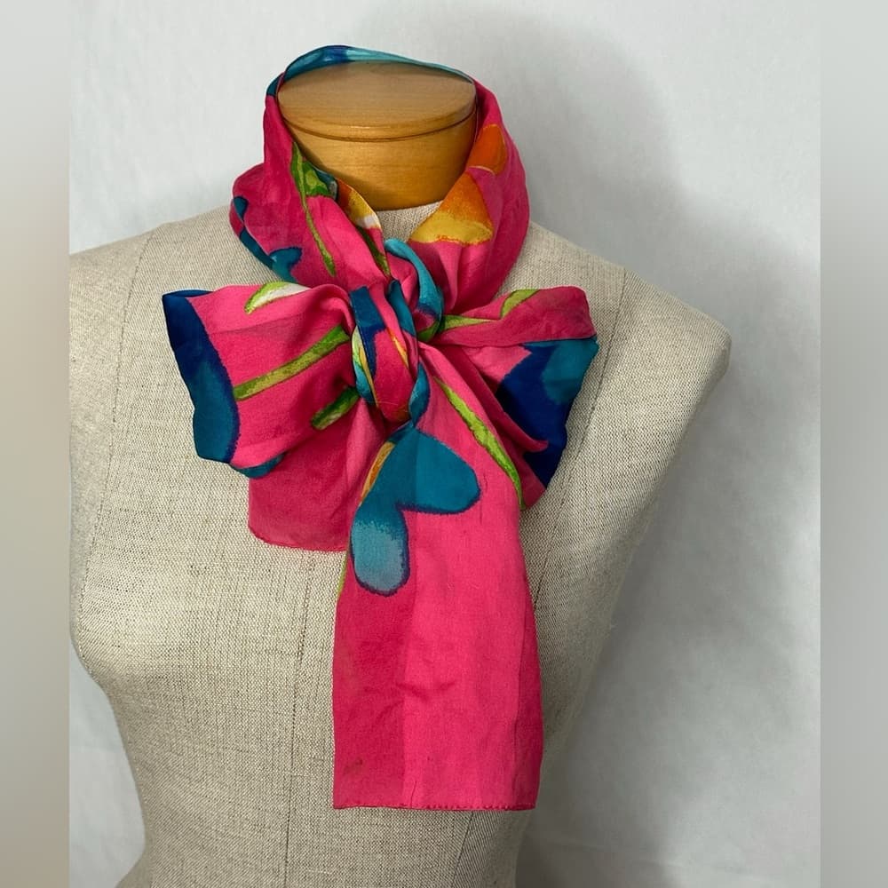 Vintage Pink Blue Floral Sheer Lightweight Scarf Wrap Dopamine Whimsical - Thumbnail 3