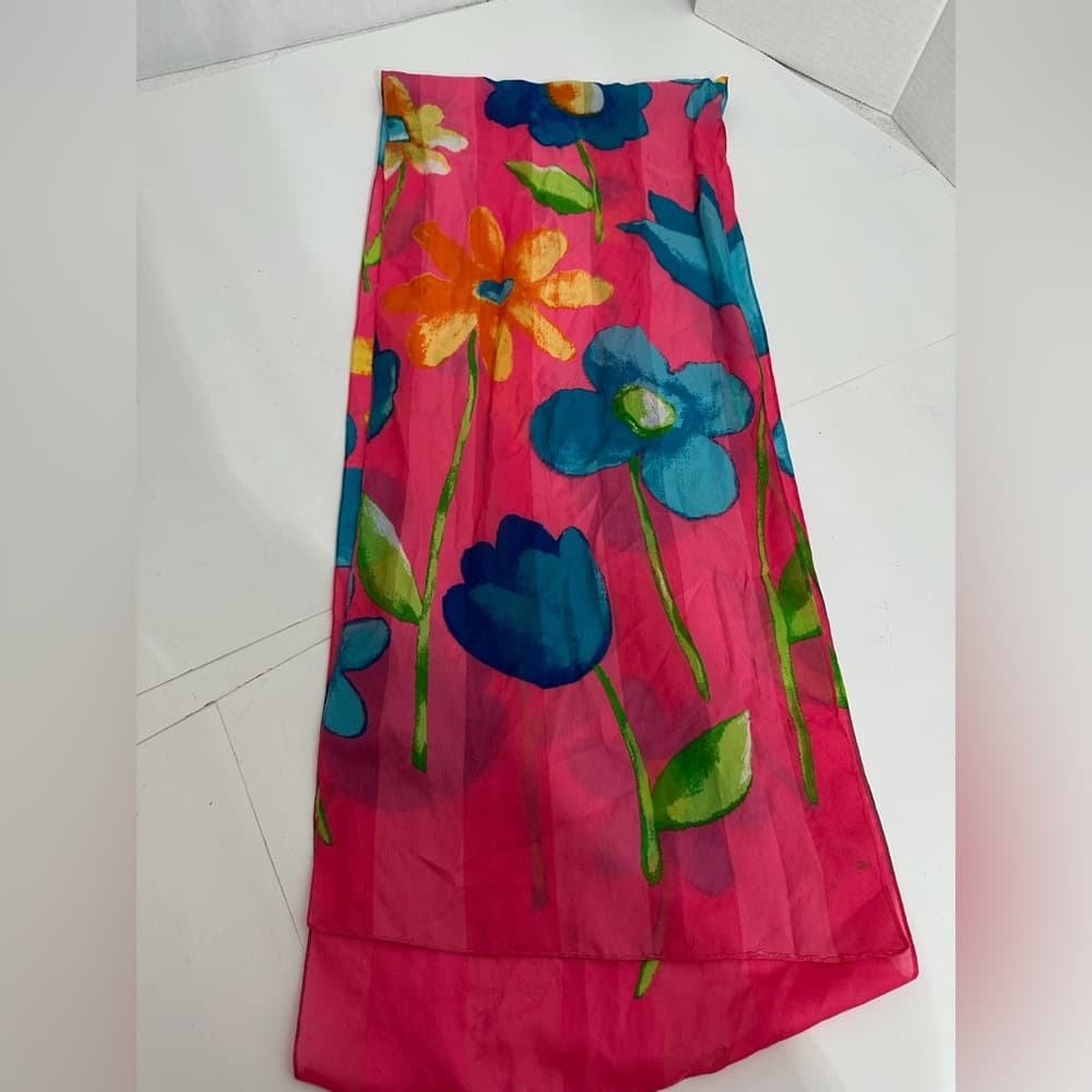 Vintage Pink Blue Floral Sheer Lightweight Scarf Wrap Dopamine Whimsical - Thumbnail 8