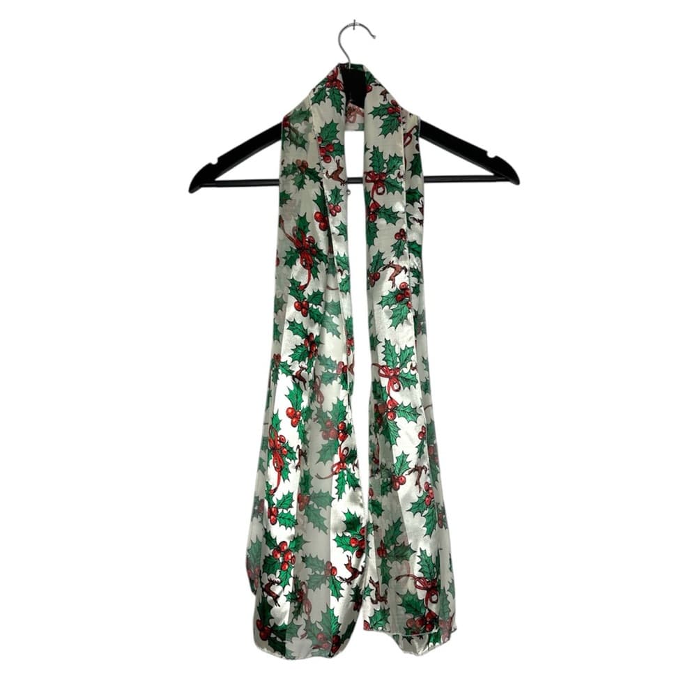 Vintage Holly Berry Mistletoe Reindeer Light Holiday Scarf Winter Accessory - Thumbnail 8