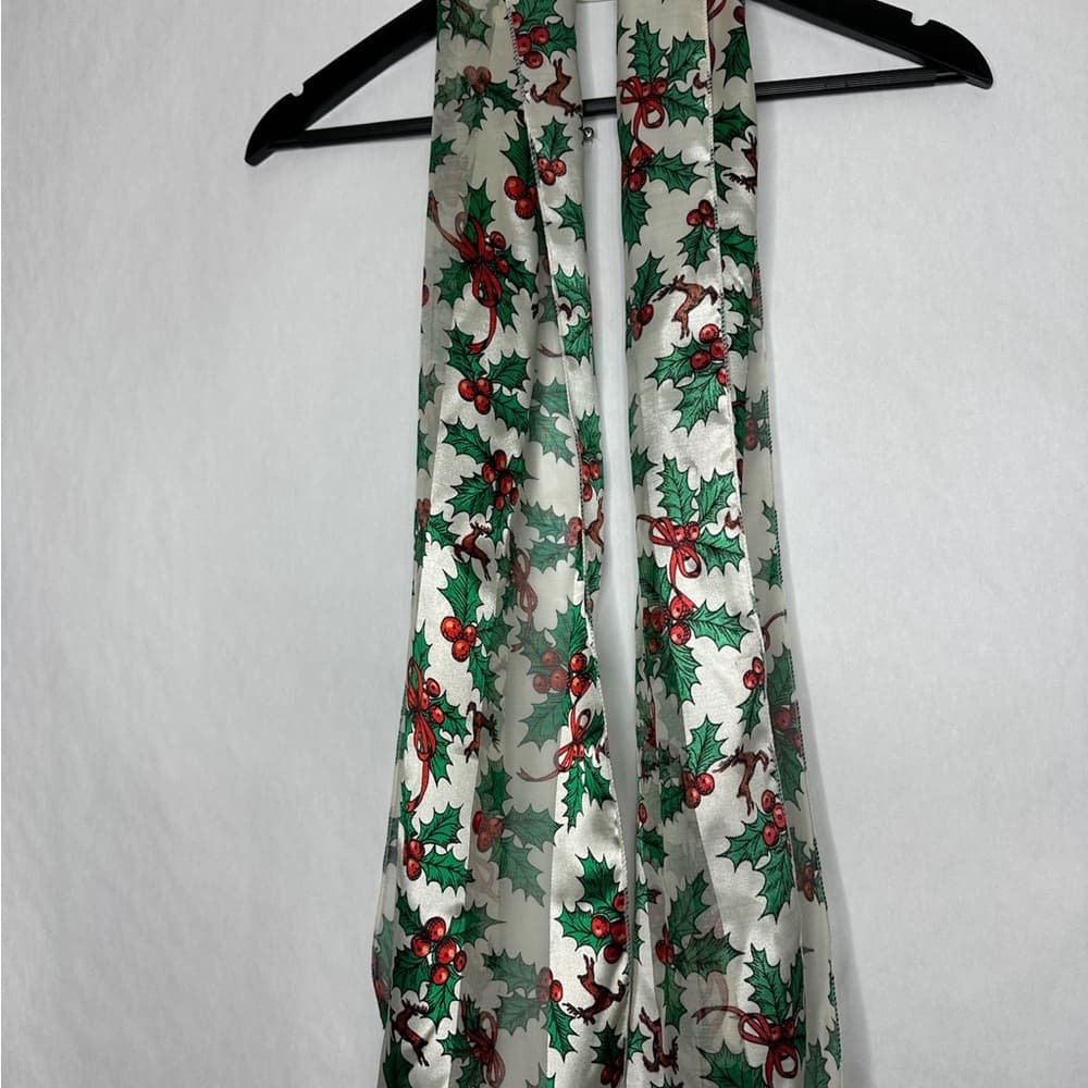 Vintage Holly Berry Mistletoe Reindeer Light Holiday Scarf Winter Accessory - Thumbnail 6