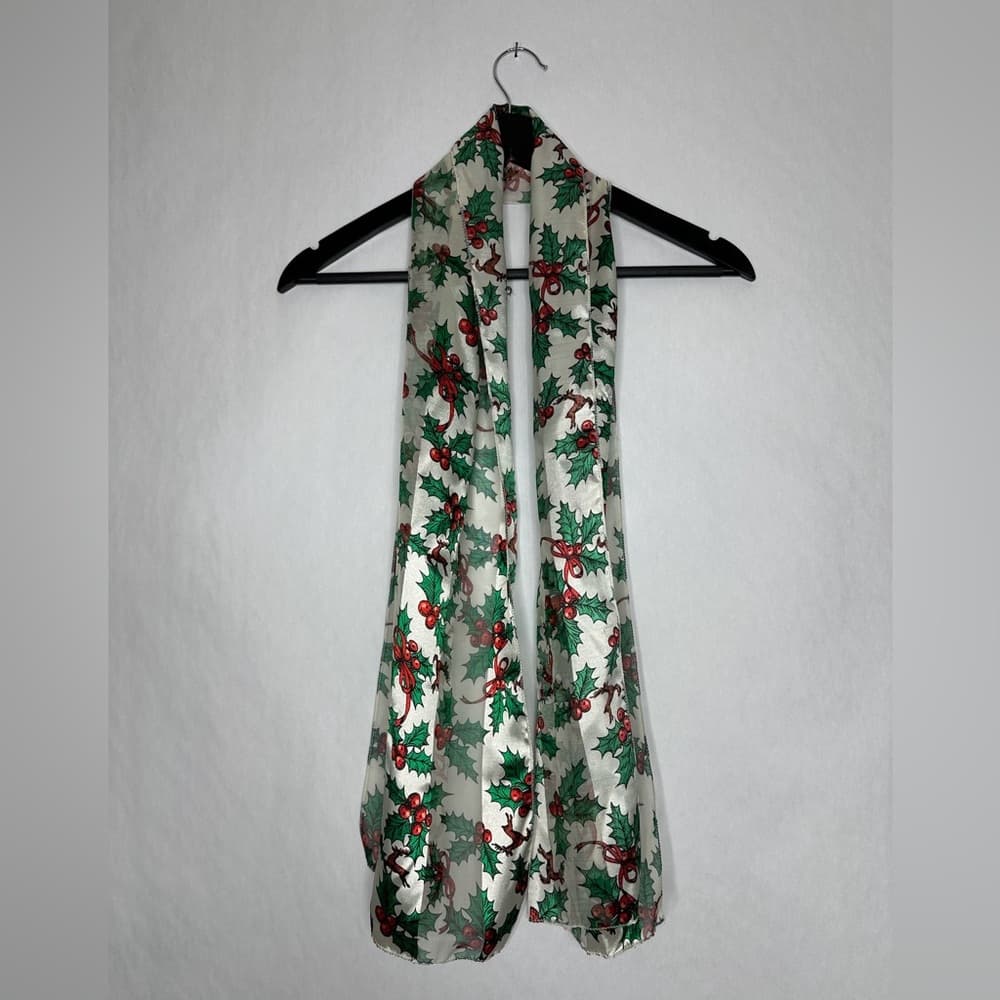 Vintage Holly Berry Mistletoe Reindeer Light Holiday Scarf Winter Accessory - Thumbnail 5