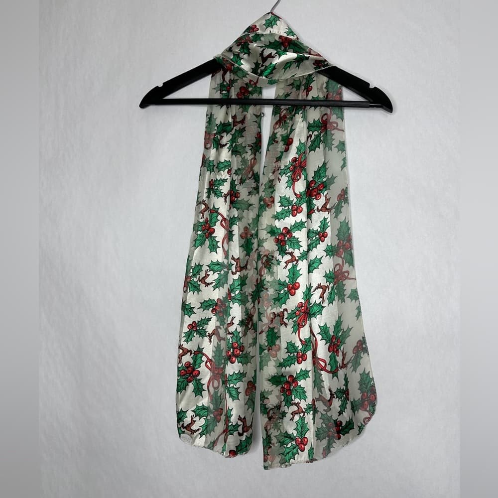 Vintage Holly Berry Mistletoe Reindeer Light Holiday Scarf Winter Accessory