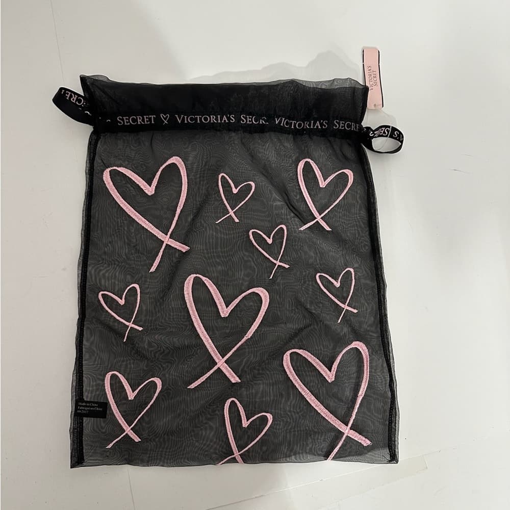 NWT Victoria’s Secret Sheer Black Mesh Gift Travel Bag with Heart Print