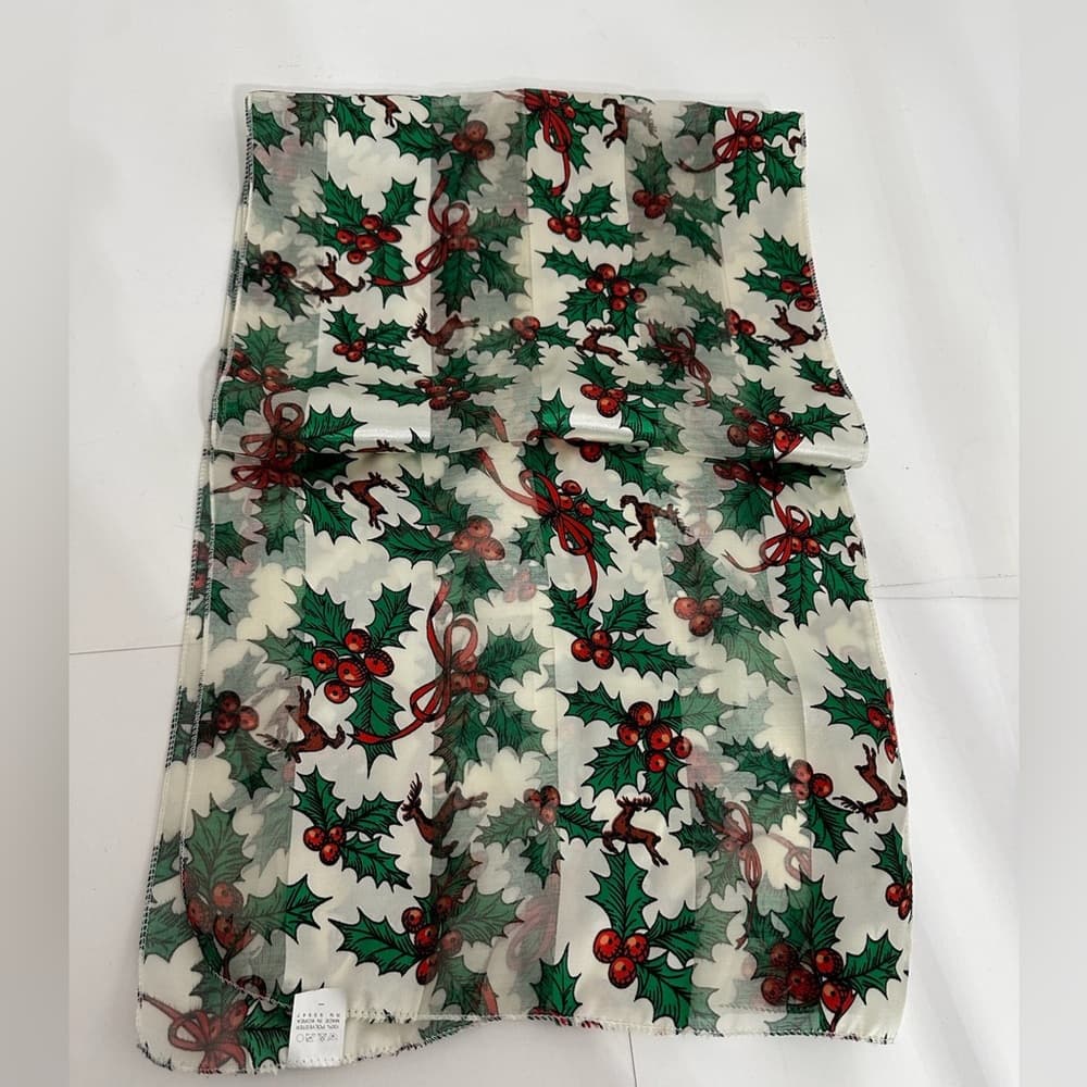 Vintage Holly Berry Mistletoe Reindeer Light Holiday Scarf Winter Accessory - Thumbnail 4