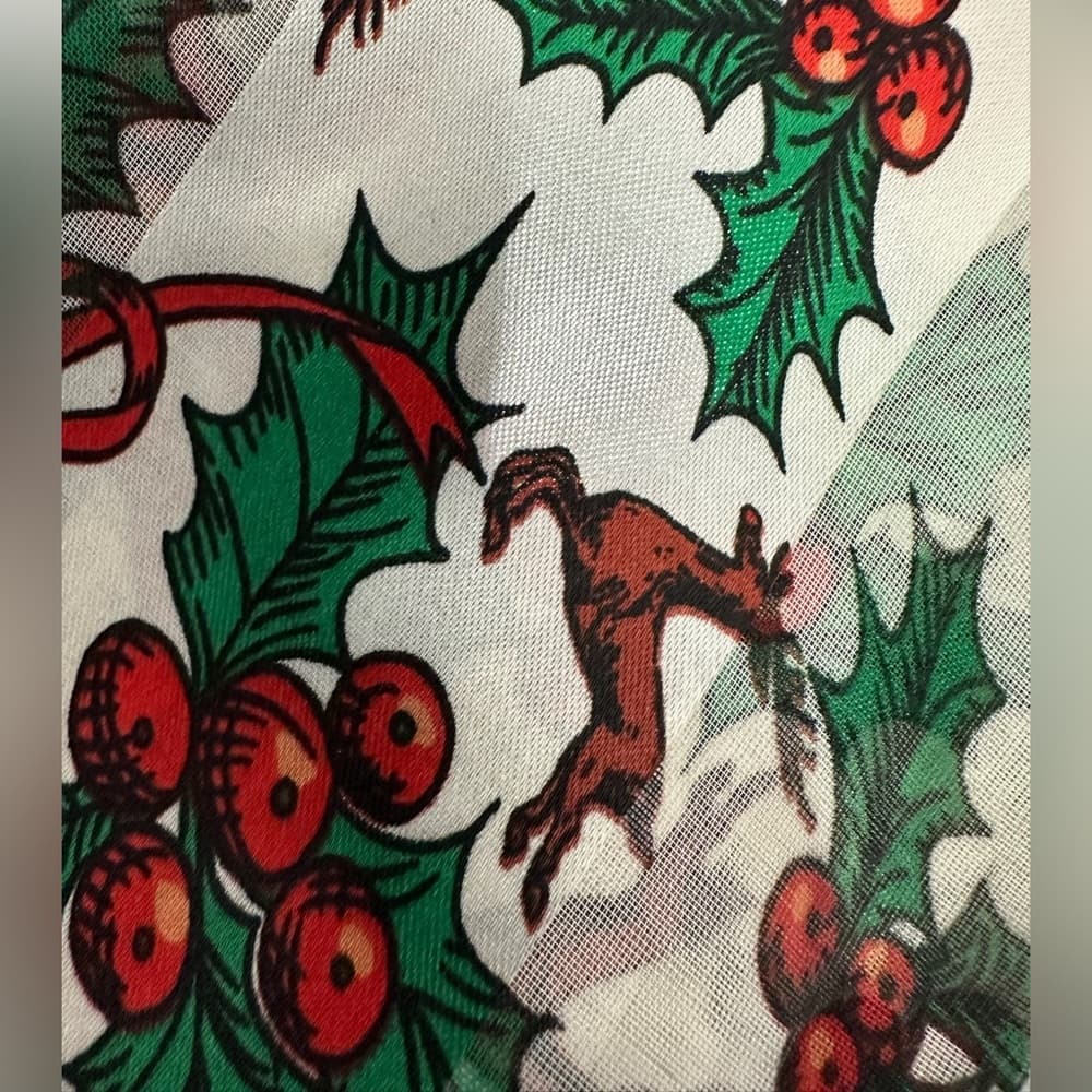 Vintage Holly Berry Mistletoe Reindeer Light Holiday Scarf Winter Accessory - Thumbnail 2