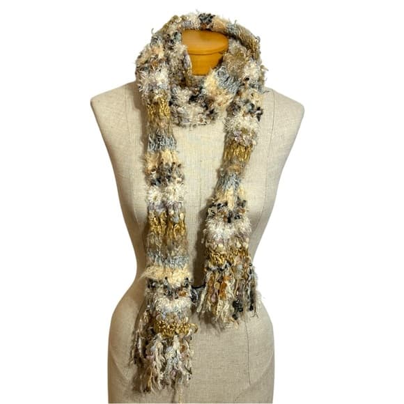 Chunky Textured Neutral Fringe Scarf Winter Resort Quiet Luxury - Thumbnail 6