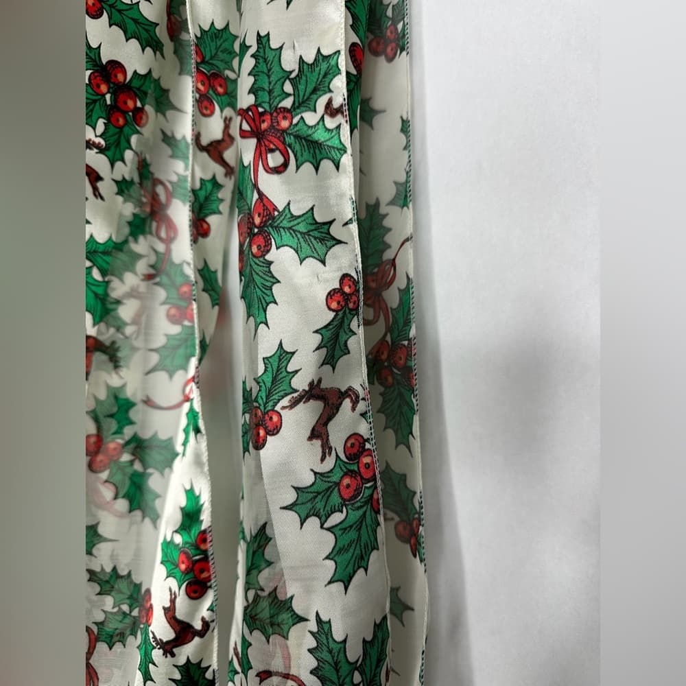 Vintage Holly Berry Mistletoe Reindeer Light Holiday Scarf Winter Accessory - Thumbnail 7