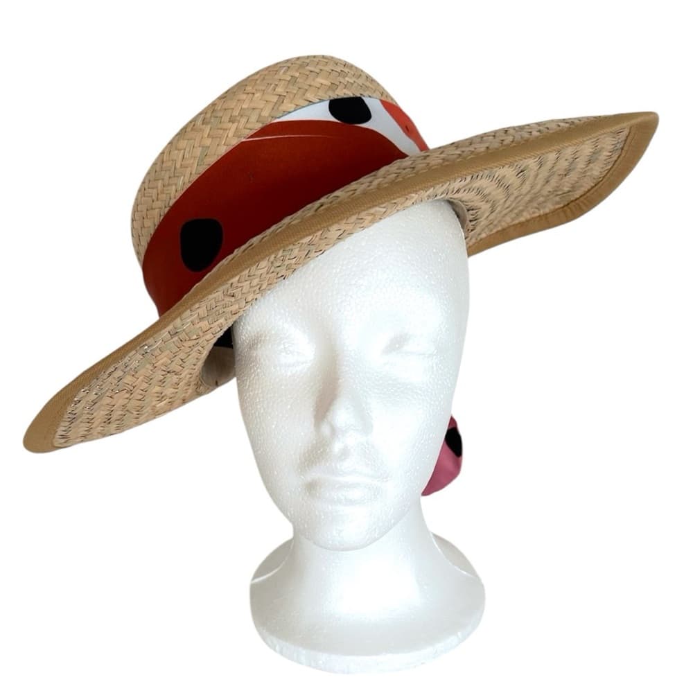 Tirabasso Italy Straw Wide Brim Hat w/ Multicolor Polka Dot Scarf Tie - Thumbnail 7
