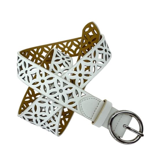Vintage White Y2K Laser-Cut Floral Wide Belt with Silver Buckle 38” - Thumbnail 4