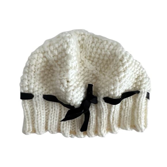 White Chunky Knit Beanie Bonnet Winter Hat Black Ribbon Tie Cozy Cottagecore - Thumbnail 5