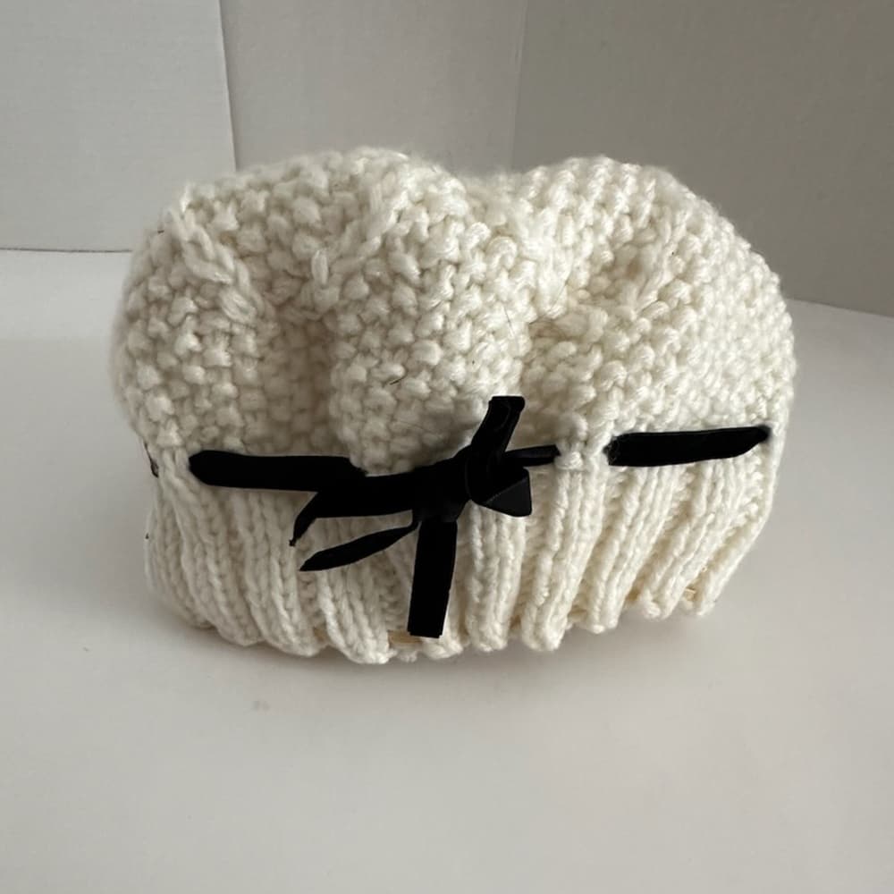 White Chunky Knit Beanie Bonnet Winter Hat Black Ribbon Tie Cozy Cottagecore - Thumbnail 3