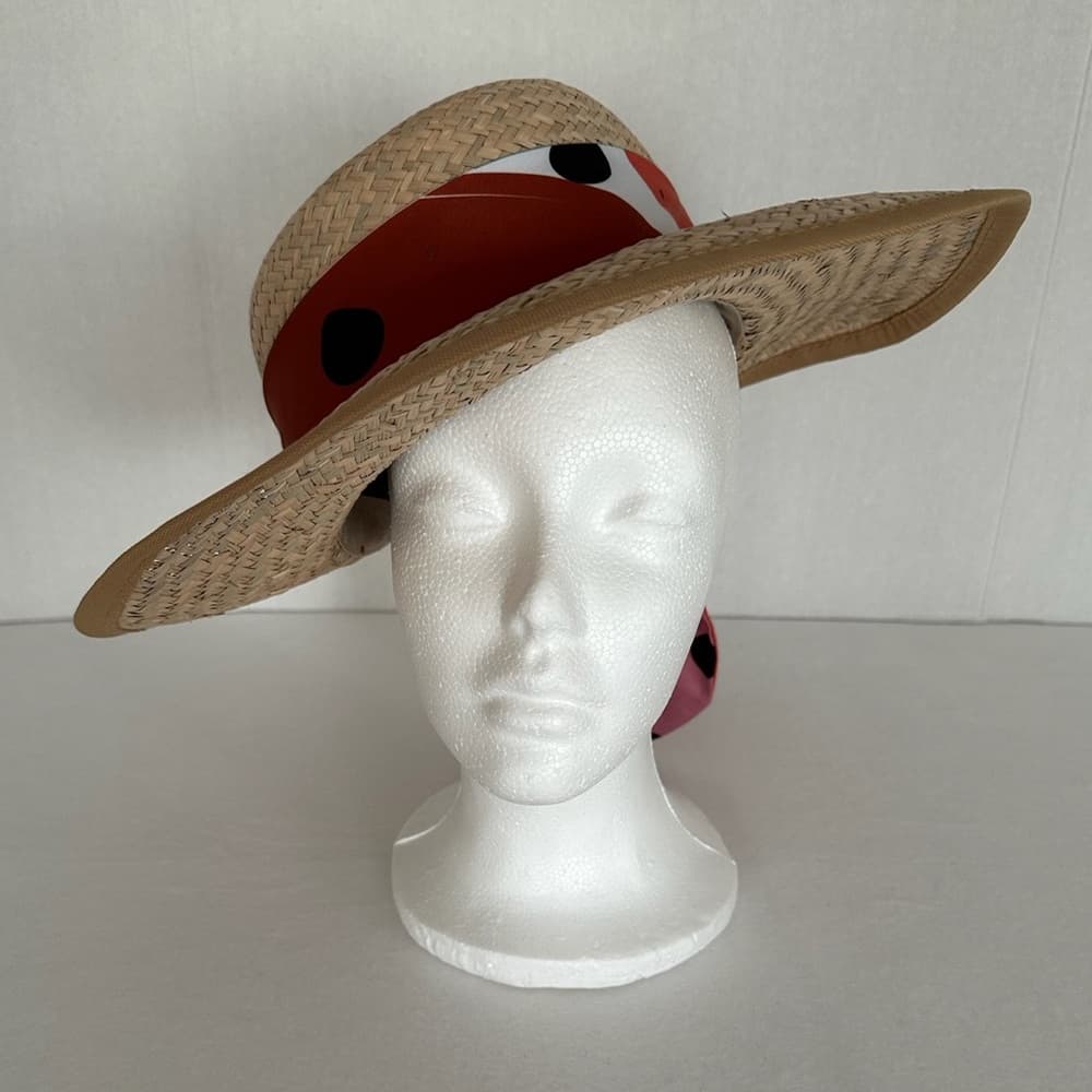 Tirabasso Italy Straw Wide Brim Hat w/ Multicolor Polka Dot Scarf Tie - Thumbnail 4