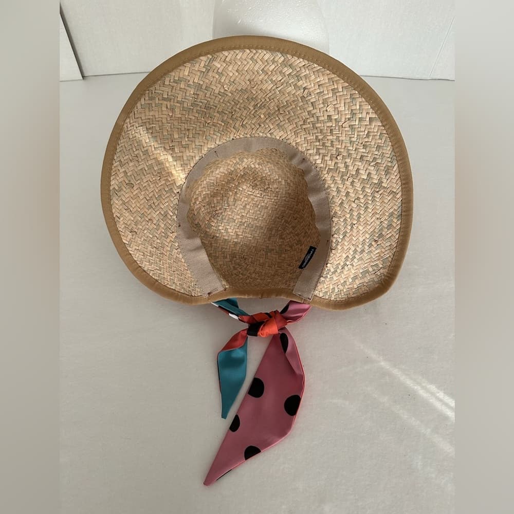 Tirabasso Italy Straw Wide Brim Hat w/ Multicolor Polka Dot Scarf Tie - Thumbnail 3