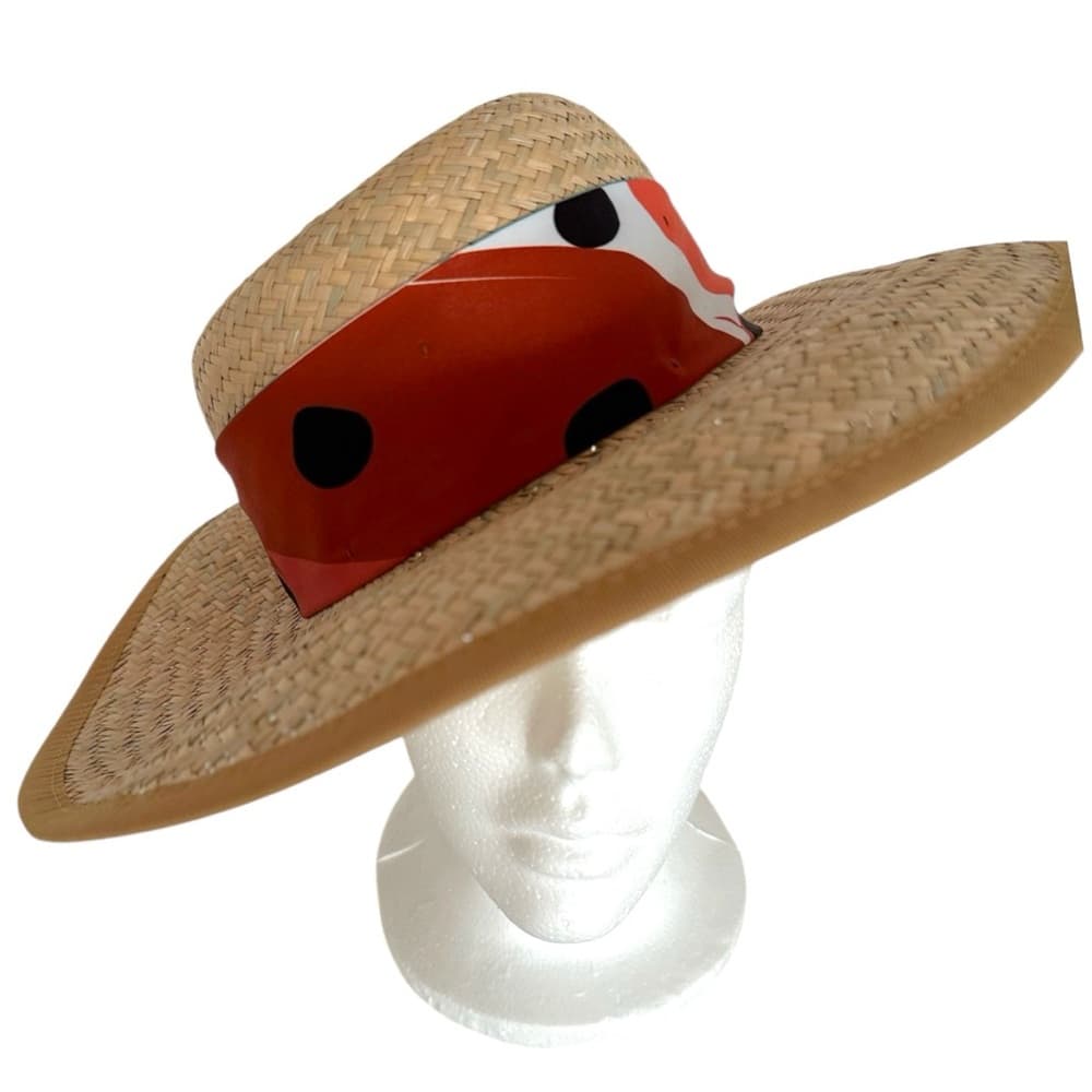 Tirabasso Italy Straw Wide Brim Hat w/ Multicolor Polka Dot Scarf Tie