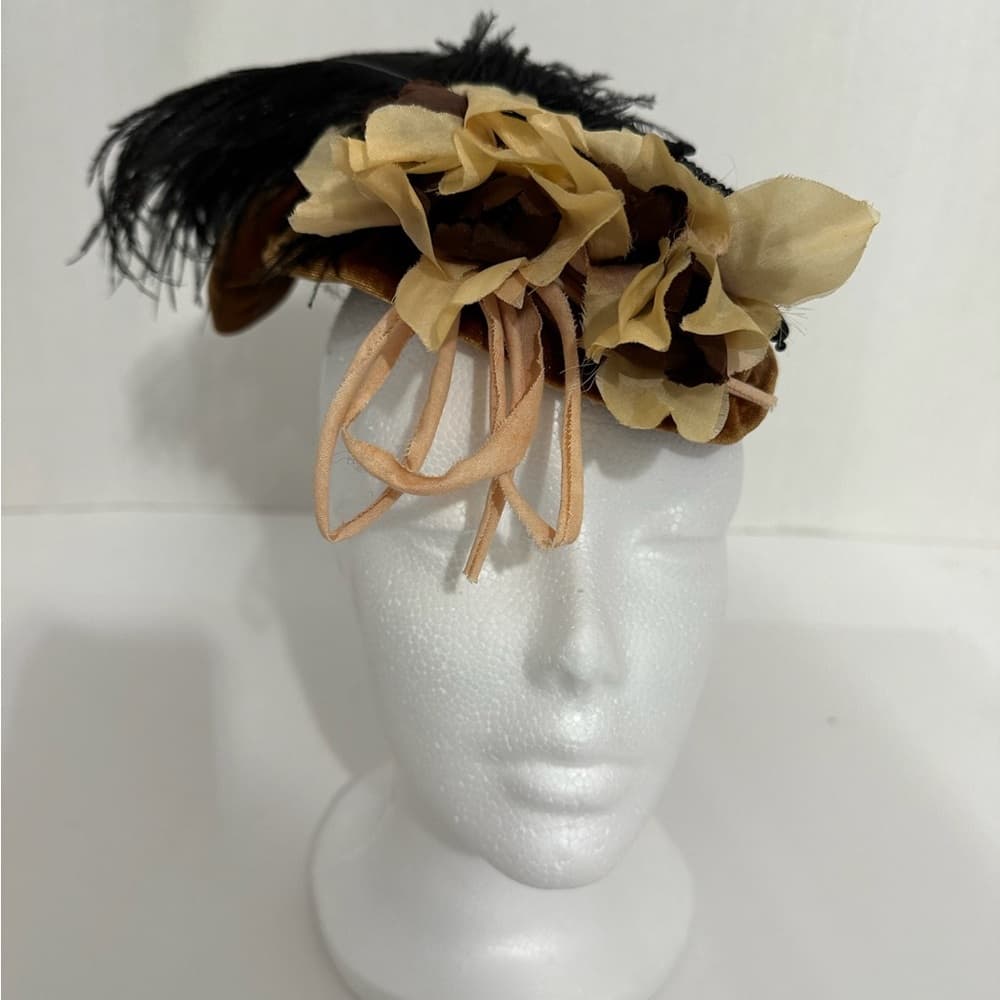 Elsie Massey Vintage Fascinator Hat w/ Flowers & Feathers | Dark Academia Royal