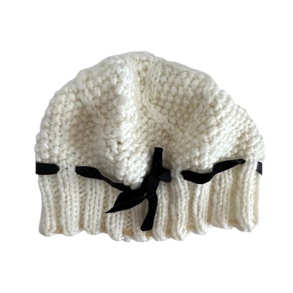 White Chunky Knit Beanie Bonnet Winter Hat Black Ribbon Tie Cozy Cottagecore - Thumbnail 4