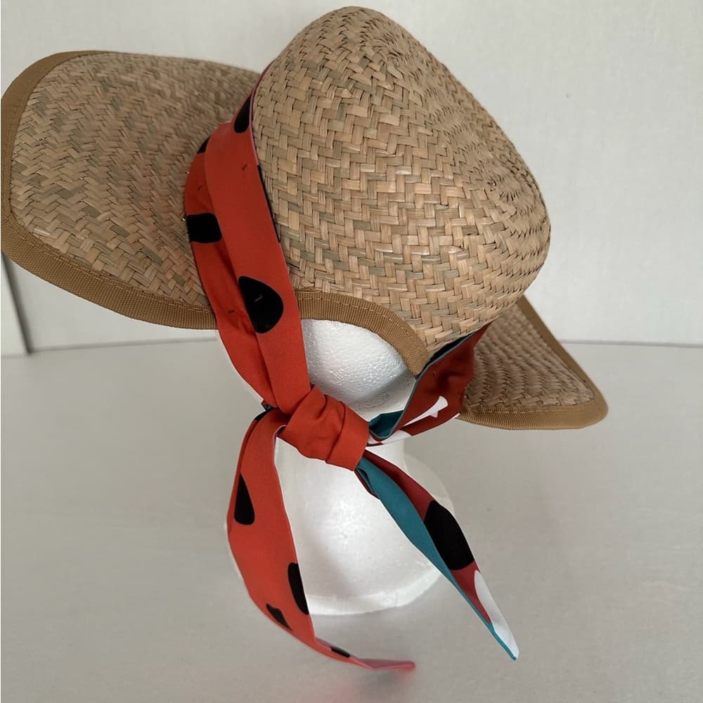 Tirabasso Italy Straw Wide Brim Hat w/ Multicolor Polka Dot Scarf Tie - Thumbnail 6
