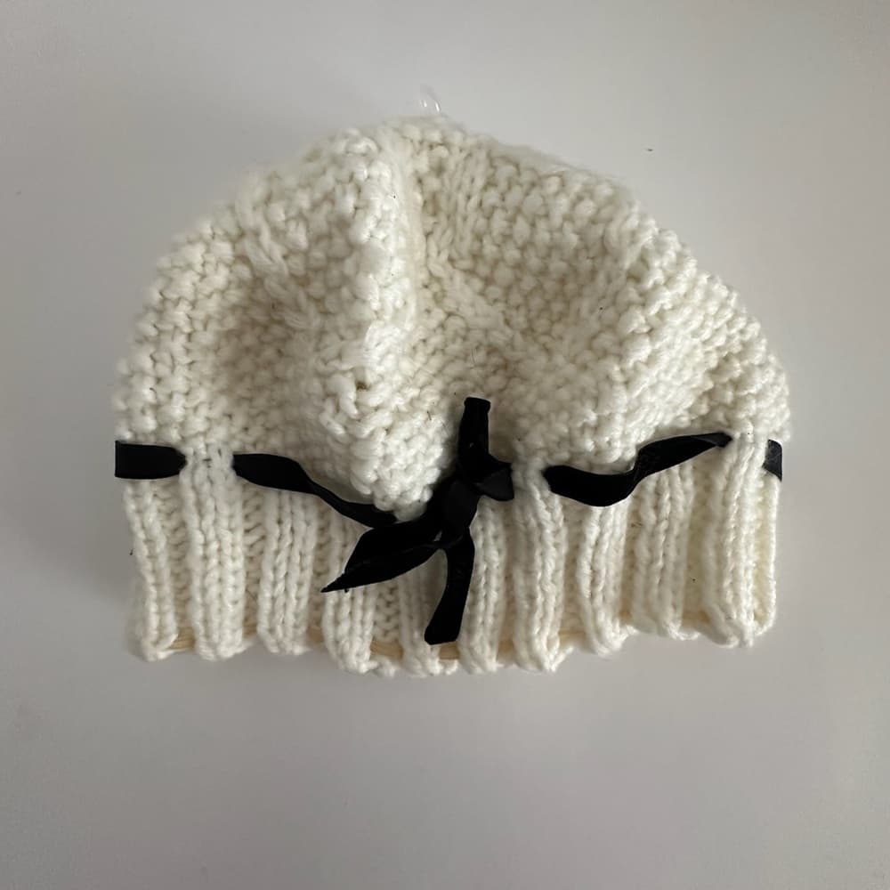 White Chunky Knit Beanie Bonnet Winter Hat Black Ribbon Tie Cozy Cottagecore