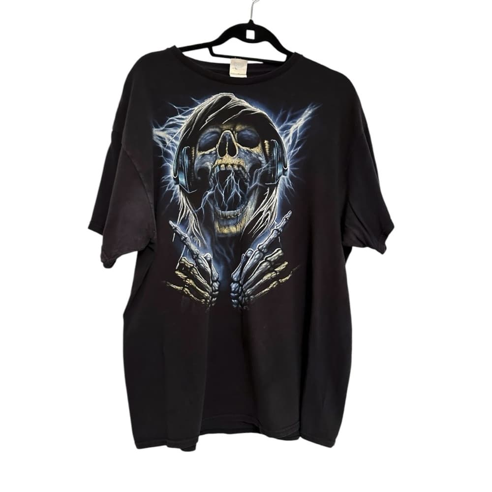 Vintage Y2K Skull Grim Reaper Headphones Delta Pro Weight Graphic Tee Black XL - Thumbnail 11