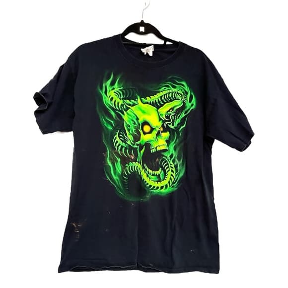 Vintage Y2K Neon Skull Skeleton Grim Reaper Snake Python Black Large T-Shirt - Thumbnail 14