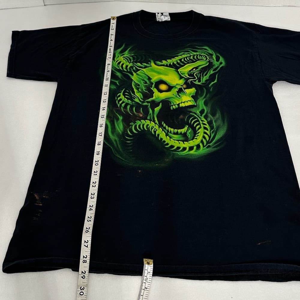 Vintage Y2K Neon Skull Skeleton Grim Reaper Snake Python Black Large T-Shirt - Thumbnail 12