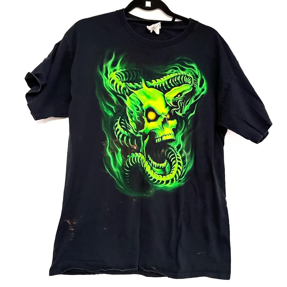 Vintage Y2K Neon Skull Skeleton Grim Reaper Snake Python Black Large T-Shirt - Thumbnail 2