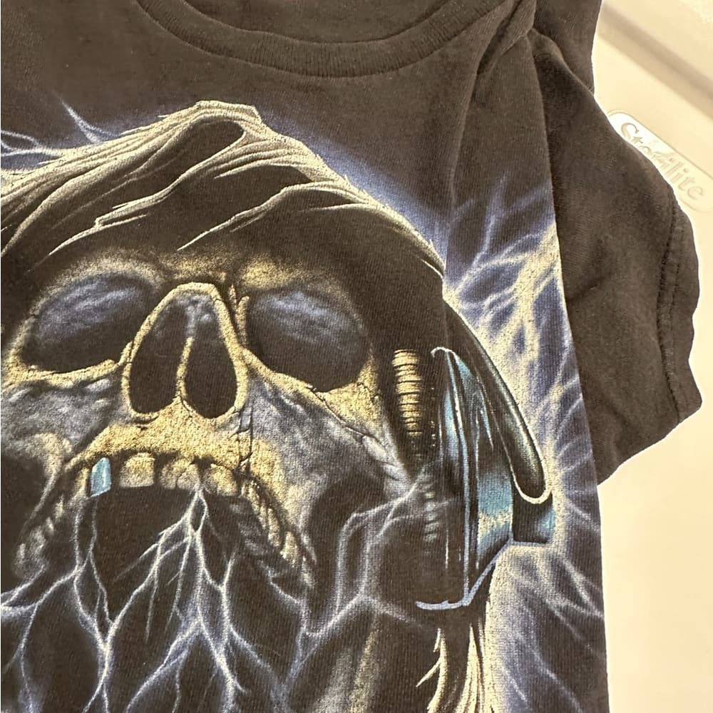 Vintage Y2K Skull Grim Reaper Headphones Delta Pro Weight Graphic Tee Black XL - Thumbnail 9