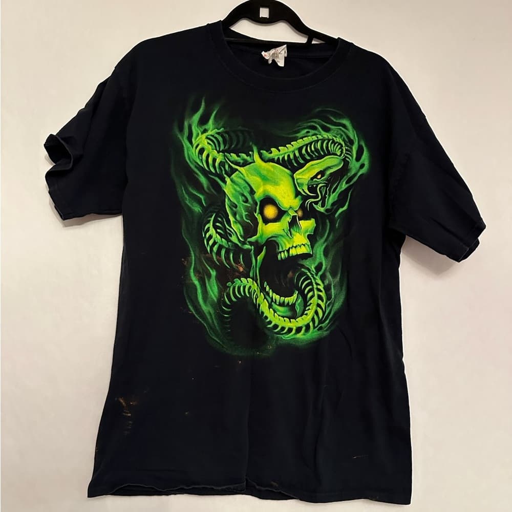 Vintage Y2K Neon Skull Skeleton Grim Reaper Snake Python Black Large T-Shirt - Thumbnail 9