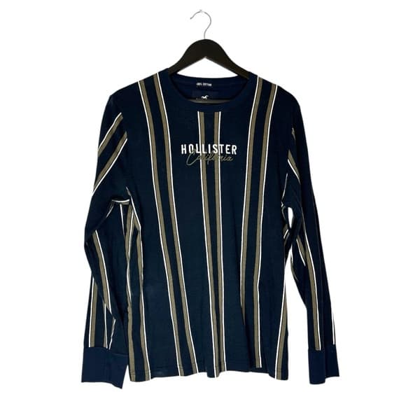 Hollister Long Sleeve Striped Logo Tee - Navy Tan Stripe Size Medium SEE NOTE - Thumbnail 8