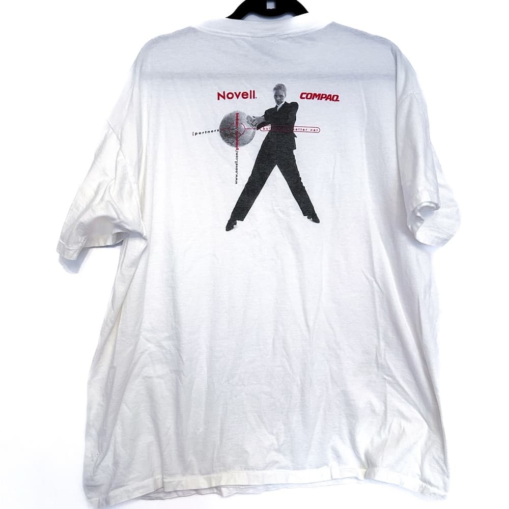 Novell x Compaq Vintage Graphic T-Shirt Oneita Power-T XL White 90s Tech Promo - Thumbnail 2